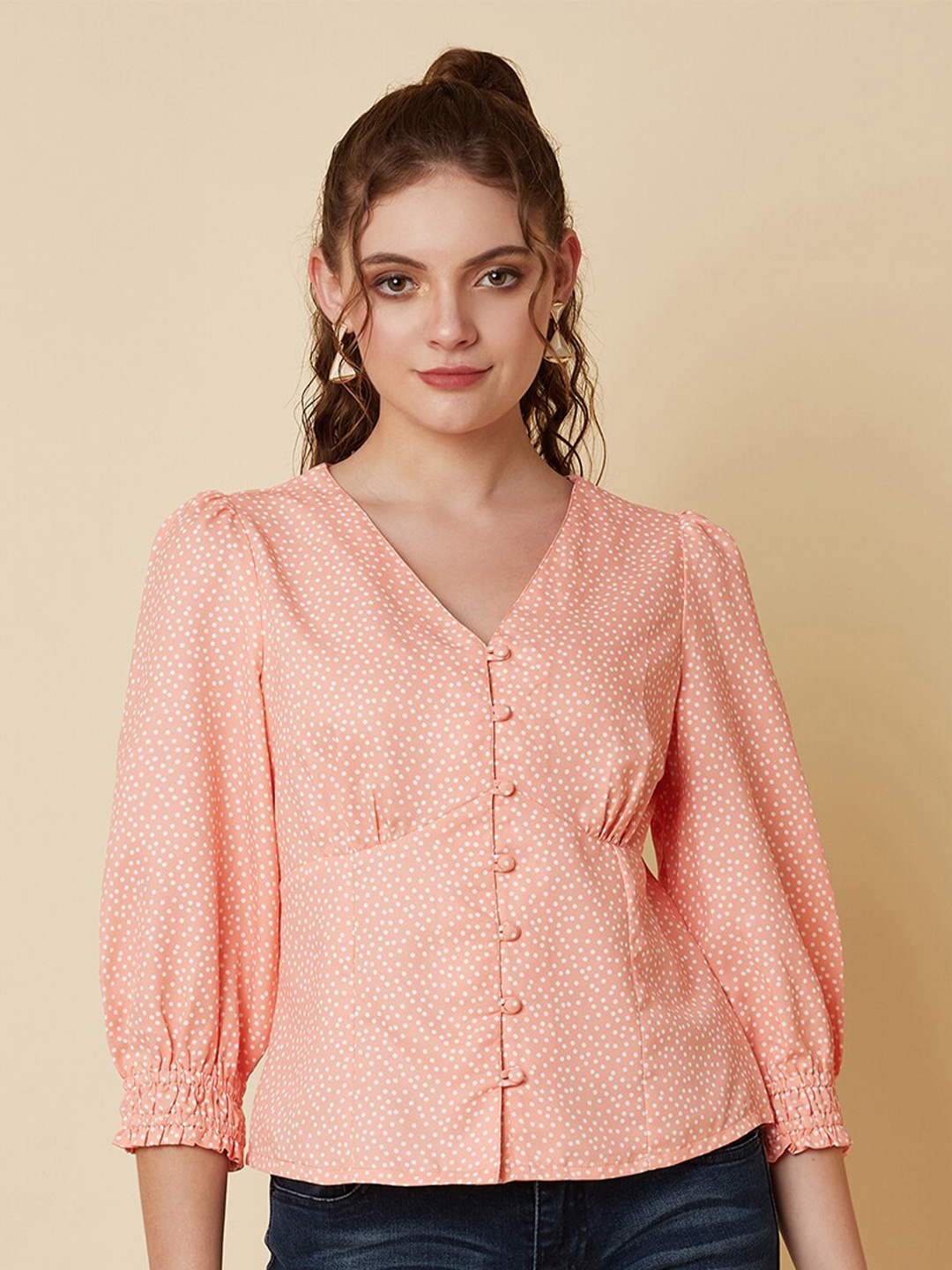 

RAASSIO Women Orange Print Shirt Style Top
