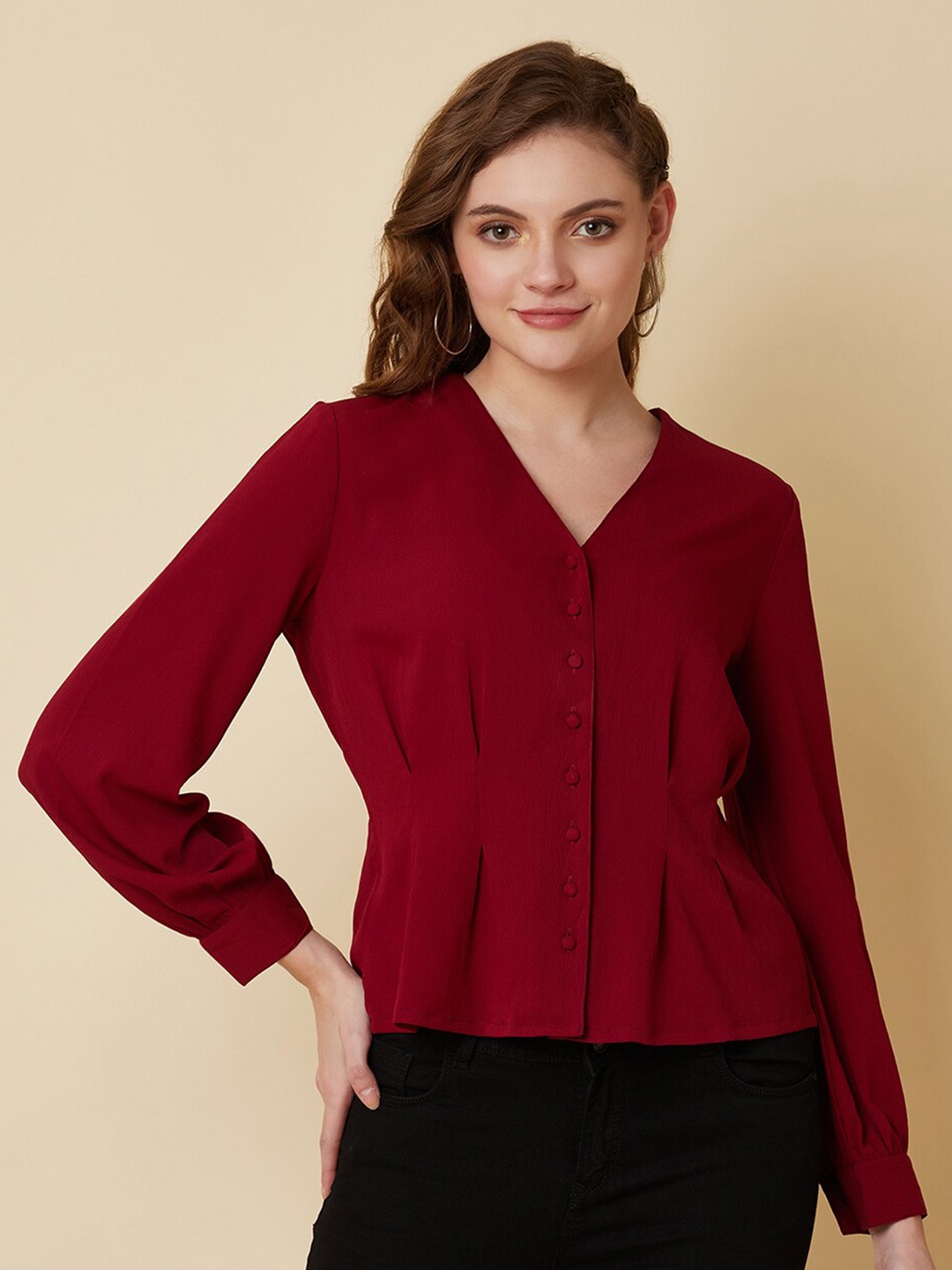 

RAASSIO Women Burgundy Cinched Waist Top