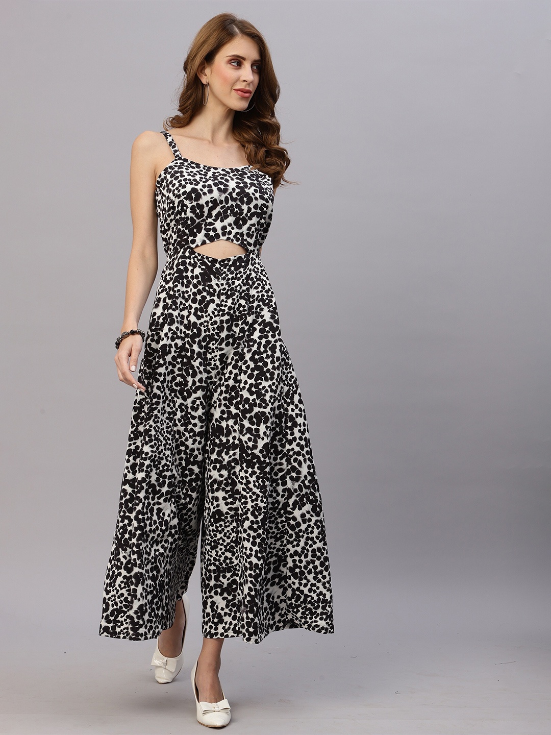 

RAASSIO Black & White Animal Printed Basic Jumpsuit