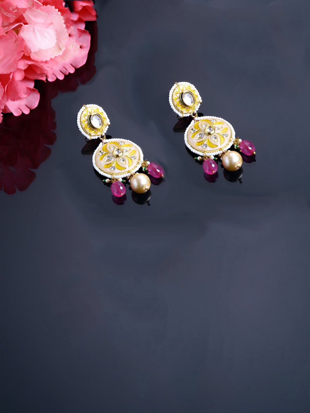 

DUGRISTYLE Pink Contemporary Kundan & Pearls Studded Drop Earrings