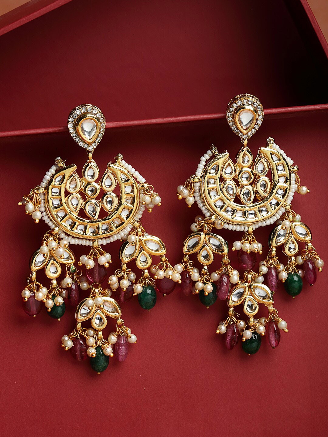 

DUGRISTYLE Women Pink & Green Gold-Plated Kundan & American Diamonds Drop Earrings