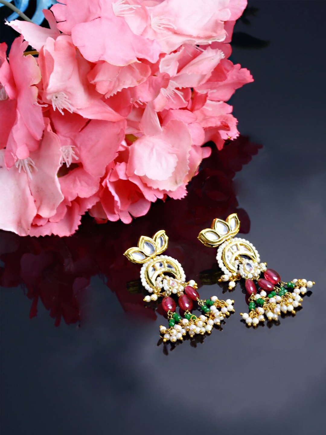 

DUGRISTYLE Gold-Plated Pink & Green Kundan & Pearls Contemporary Drop Earrings