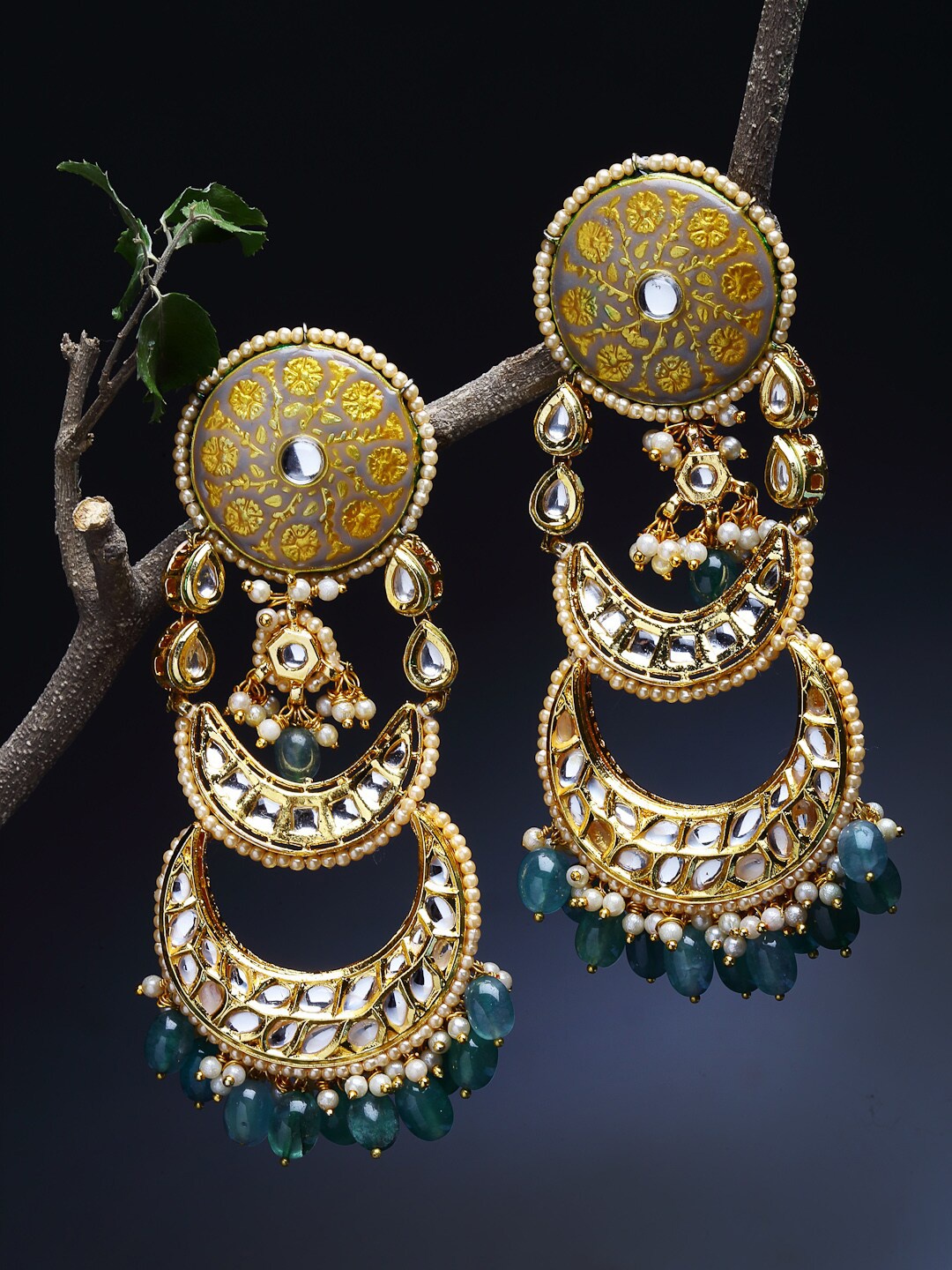 

DUGRISTYLE Grey & Yellow Gold-Plated Contemporary Chandbalis Earrings