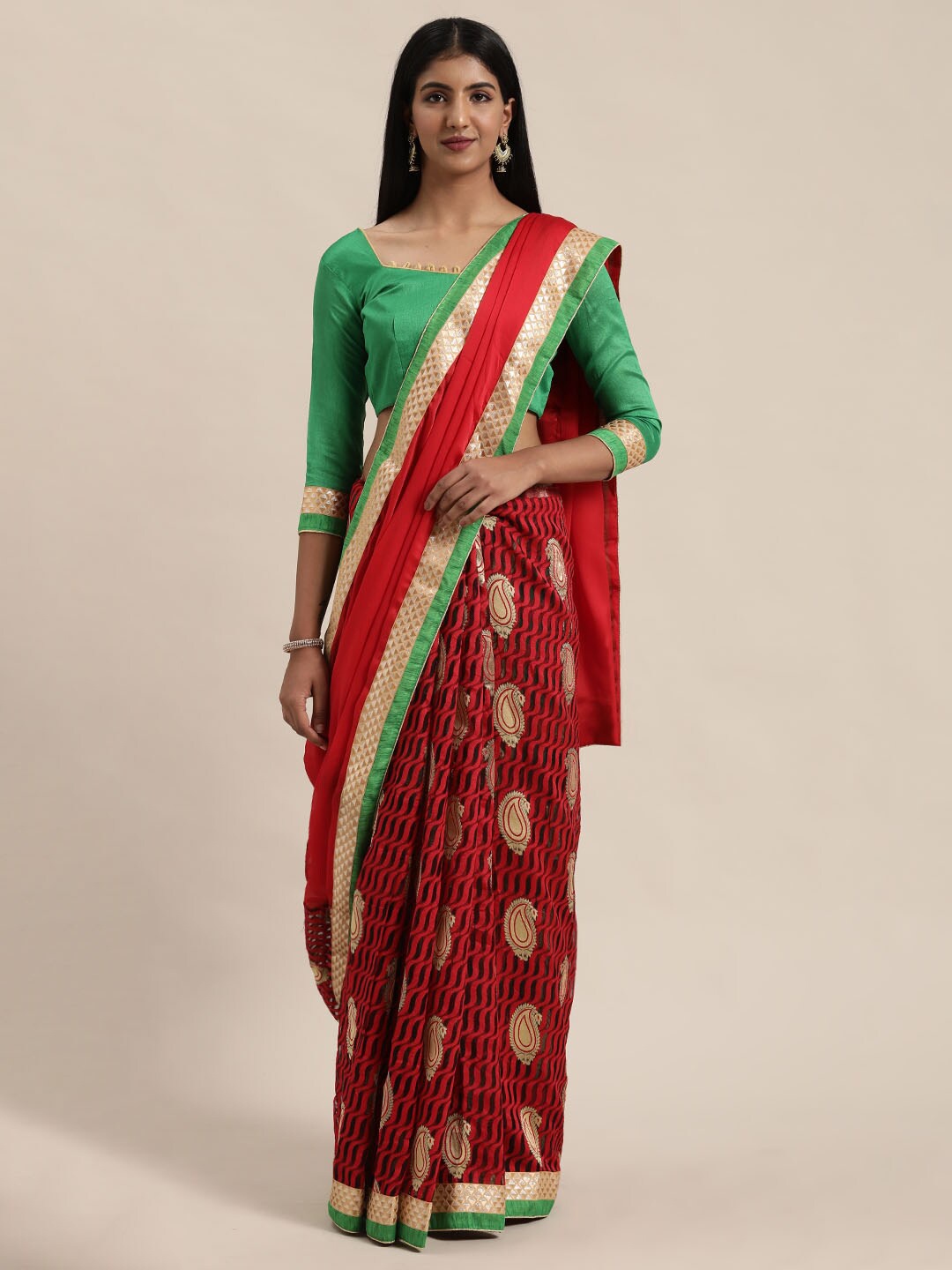 

Florence Red & Gold Paisley Zari Satin Saree