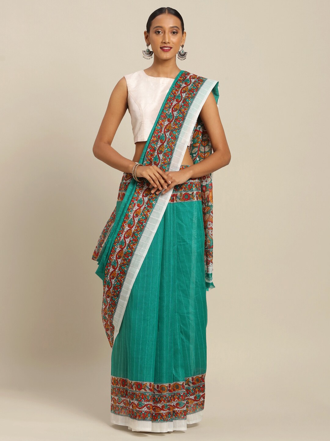 

Florence Teal & White Striped Art Silk Saree
