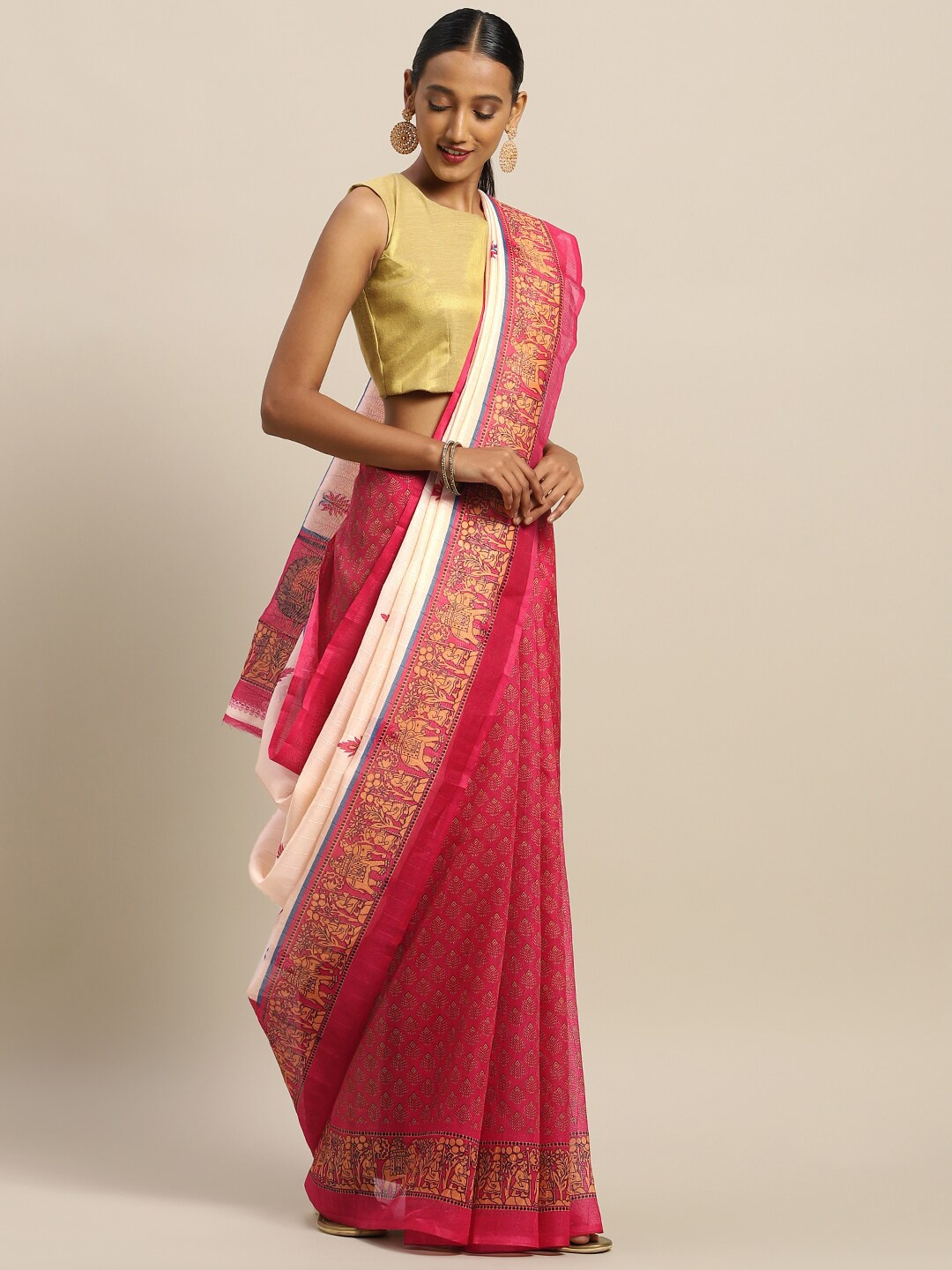 

Florence Pink & White Ethnic Motifs Art Silk Saree