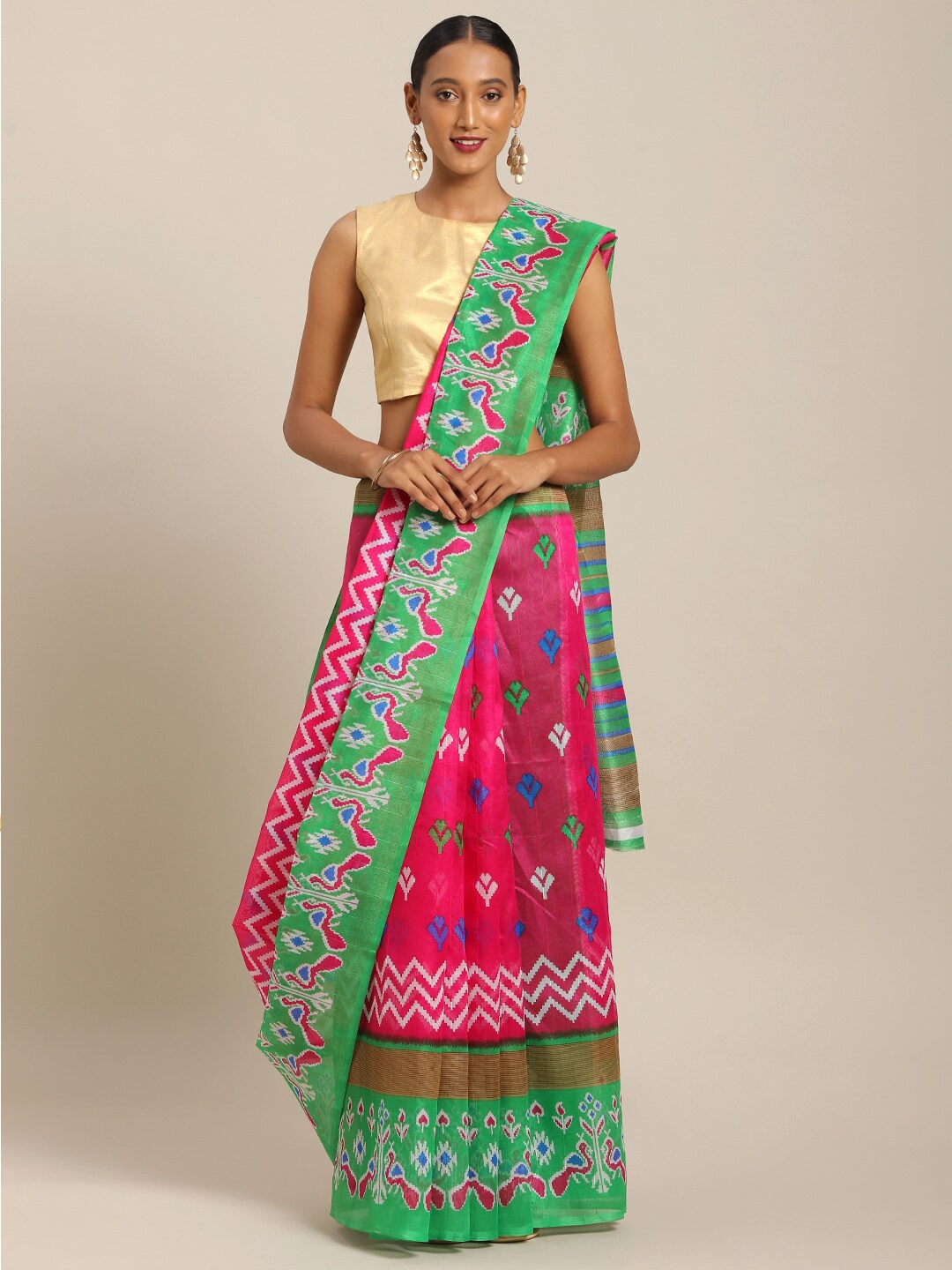 

Florence Pink & Green Ethnic Motifs Art Silk Saree