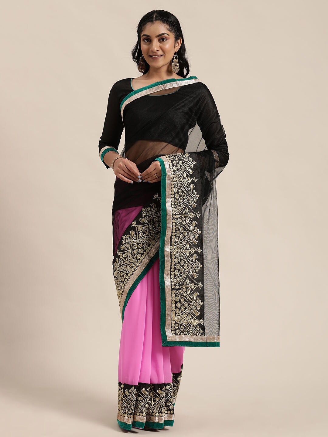 

Florence Black & Pink Colourblocked Embroidered Satin Saree