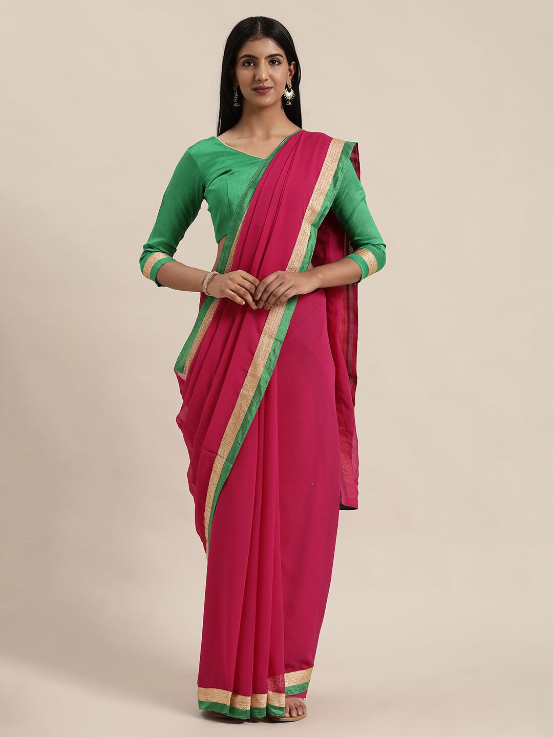 

Florence Red & Green Solid Chiffon Lace Work Saree