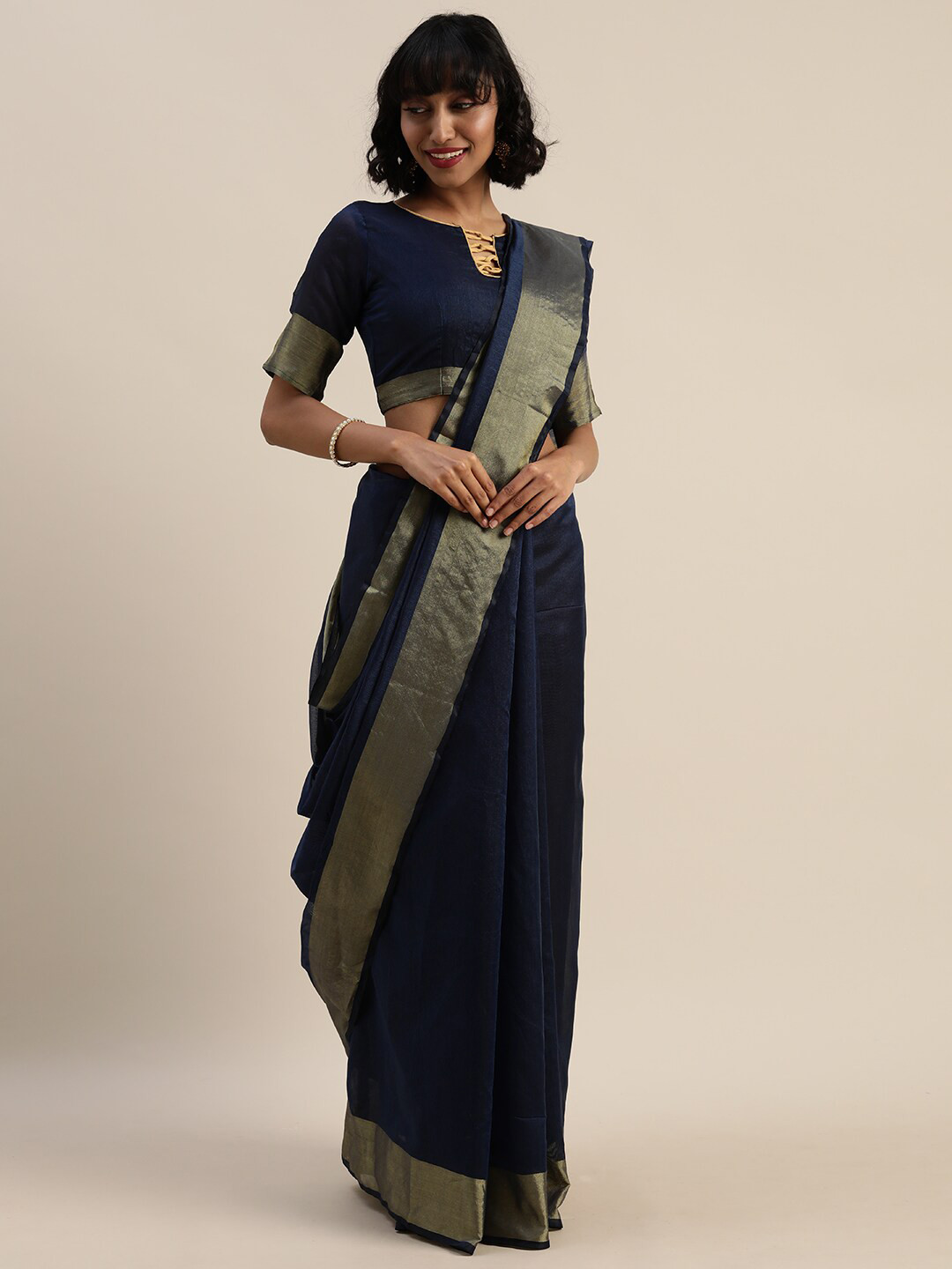 

Florence Navy Blue & Gold-Toned Solid Art Silk Saree With Blouse