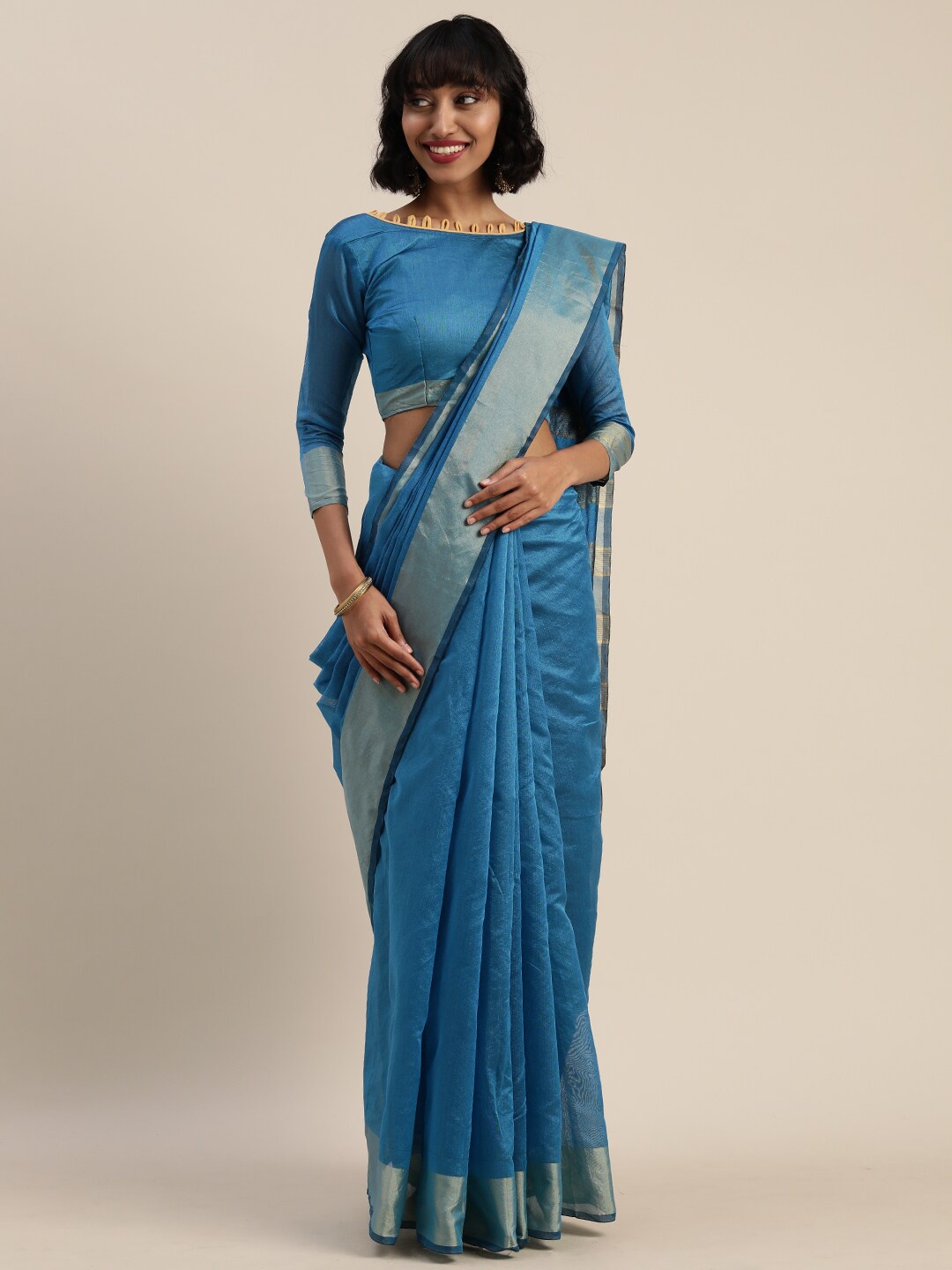 

Florence Blue & Silver Solid Zari Art Silk Saree