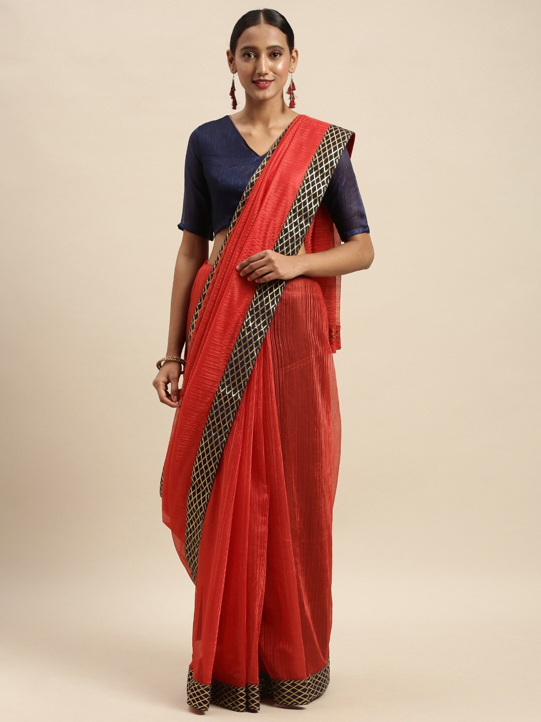 

Florence Red & Gold-Toned Solid Art Silk Saree