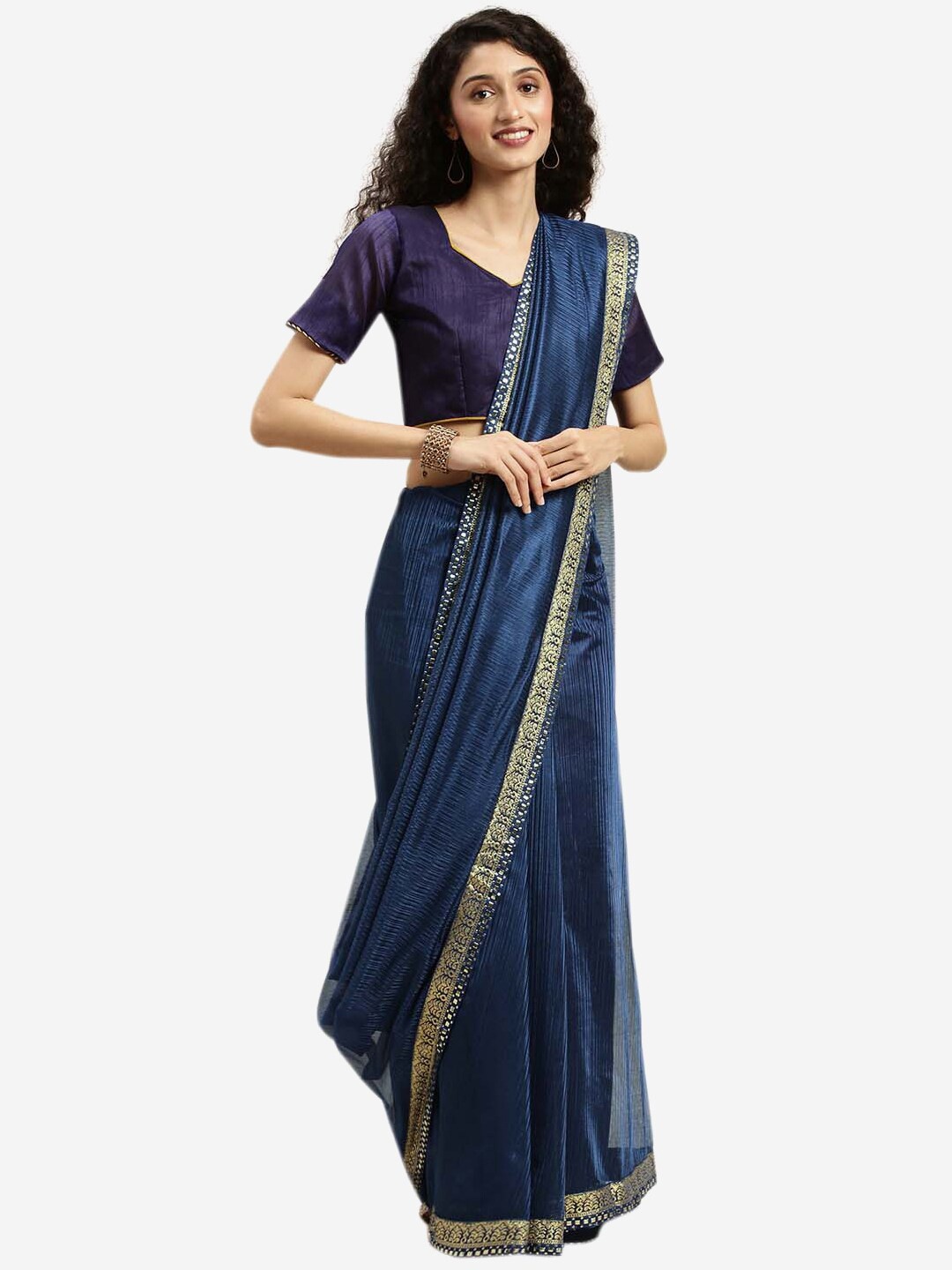 

Florence Navy Blue & Gold-Toned Solid Art Silk Saree