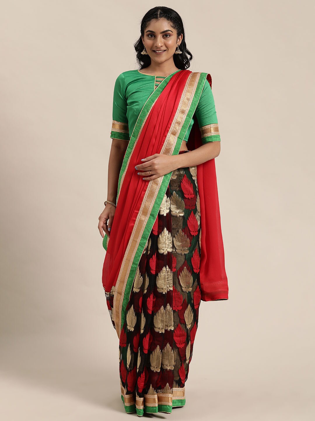 

KALINI Red & Black Woven Design Chiffon Lace Work Saree