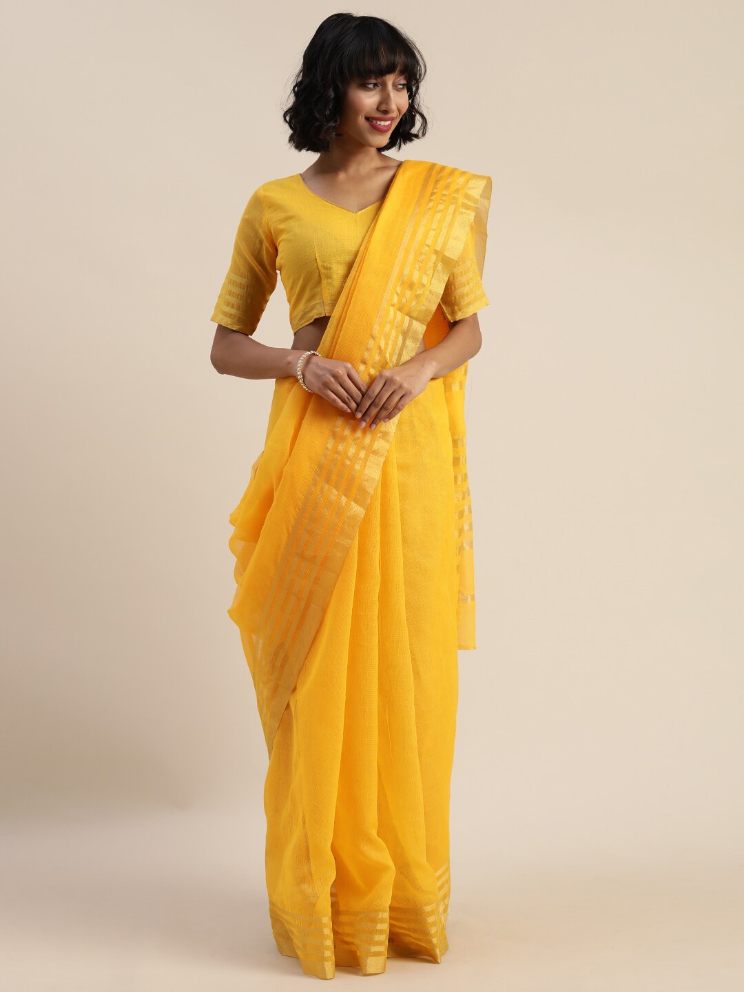 

KALINI Yellow Striped Art Silk Saree