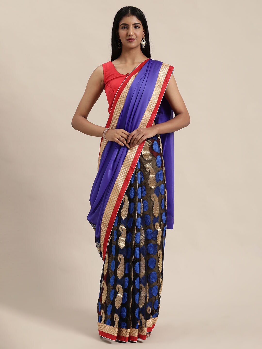 

KALINI Blue & Gold-Toned Paisley Satin Saree