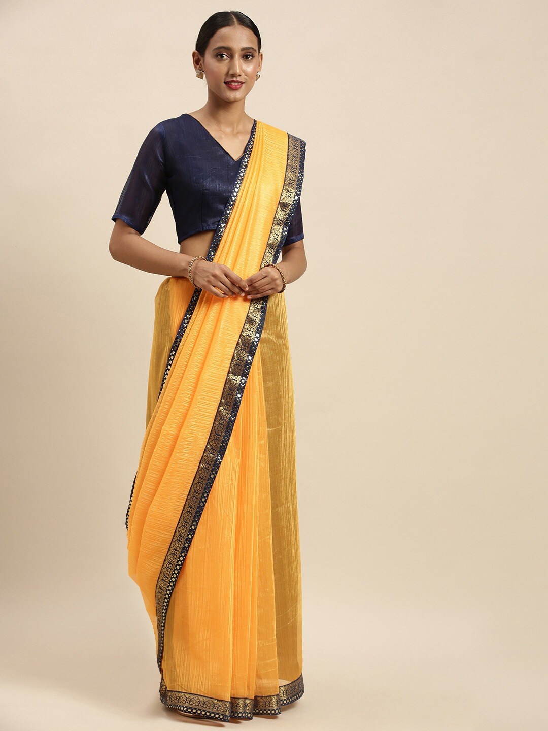 

KALINI Yellow & Navy Blue Solid Zari Art Silk Saree