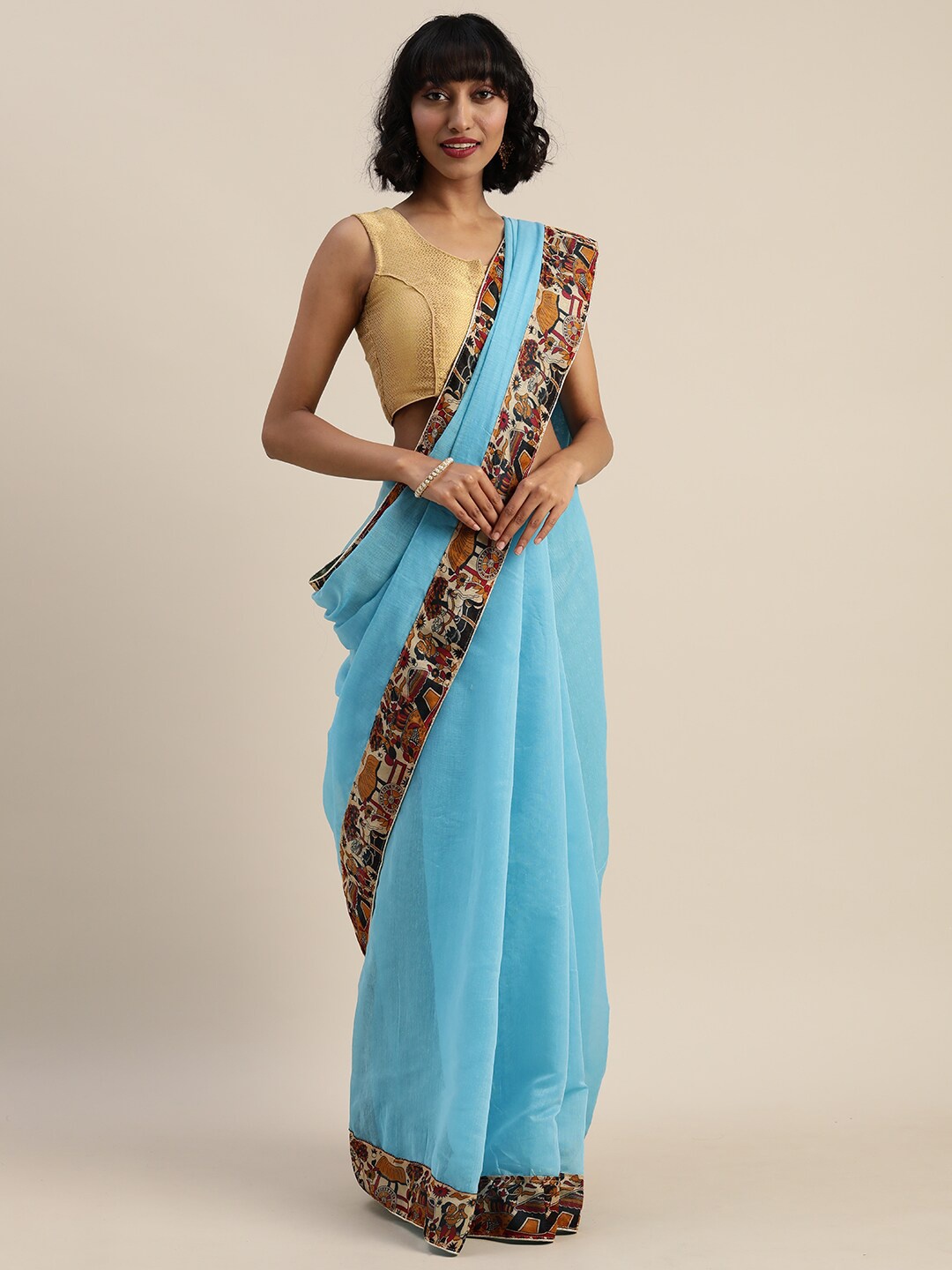 

KALINI Turquoise Blue & Beige Chanderi Cotton Saree