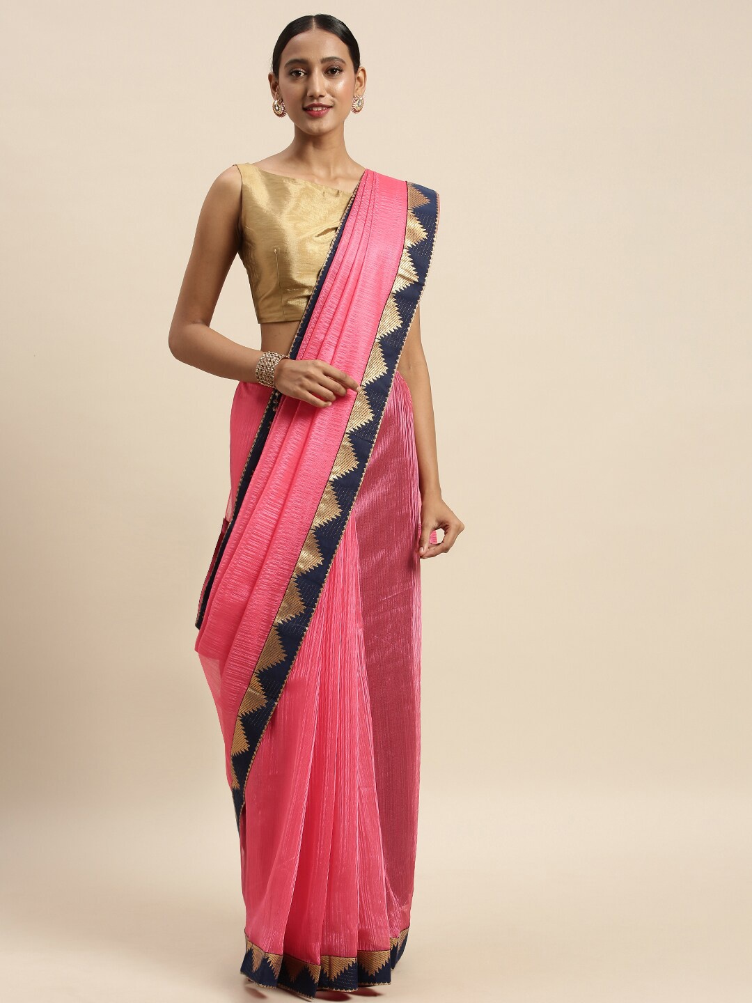 

KALINI Peach-Coloured & Gold-Toned Lace Work Art Silk Saree