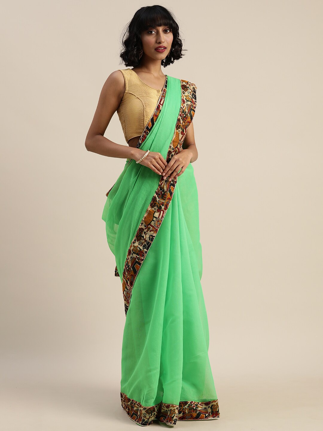 

KALINI Green & Beige Silk Cotton Saree