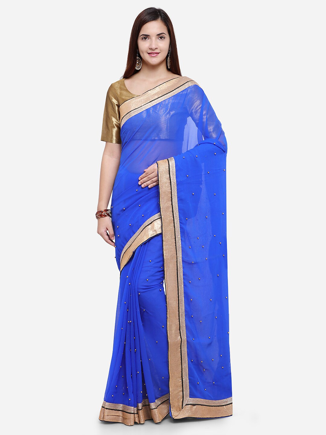 

KALINI Women Blue & Gold-Toned Poly Georgette Zari Saree