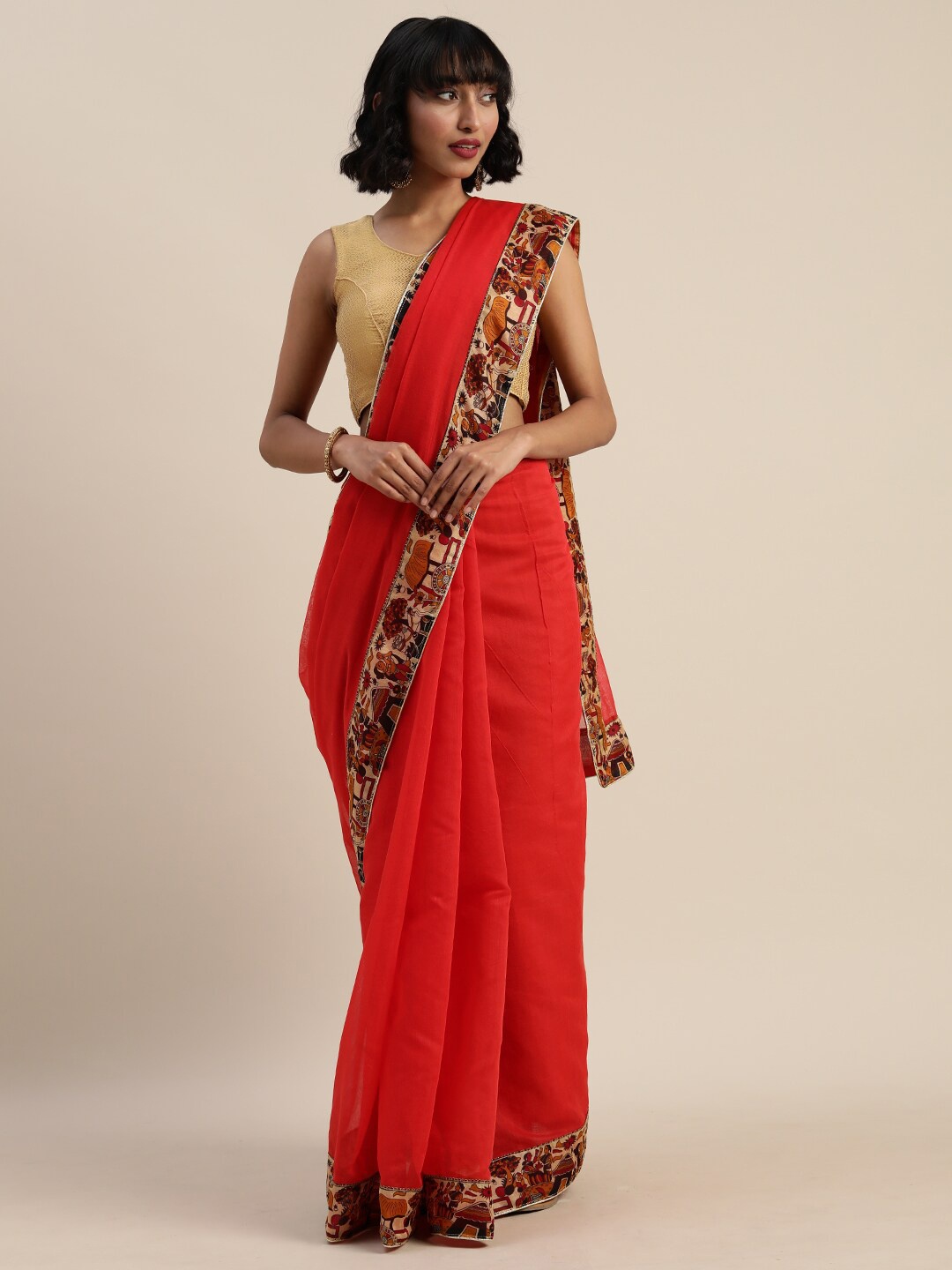 

KALINI Women Red & Beige Silk Cotton Chanderi Saree With Blouse
