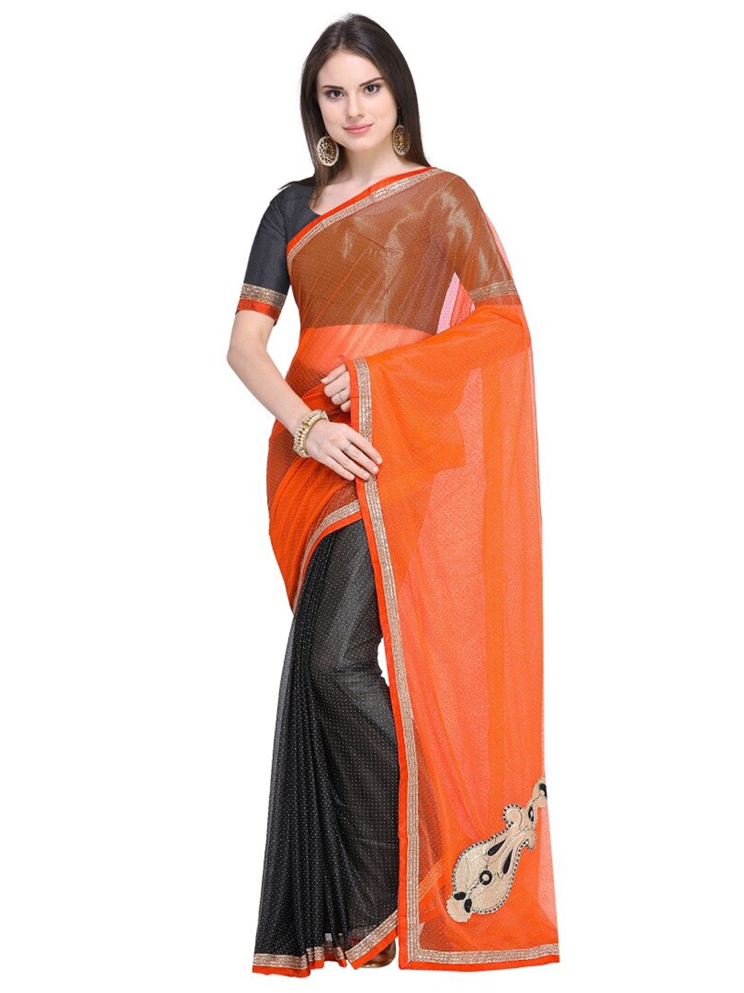 

KALINI Women Orange & Black Embellished Embroidered Lycra Saree