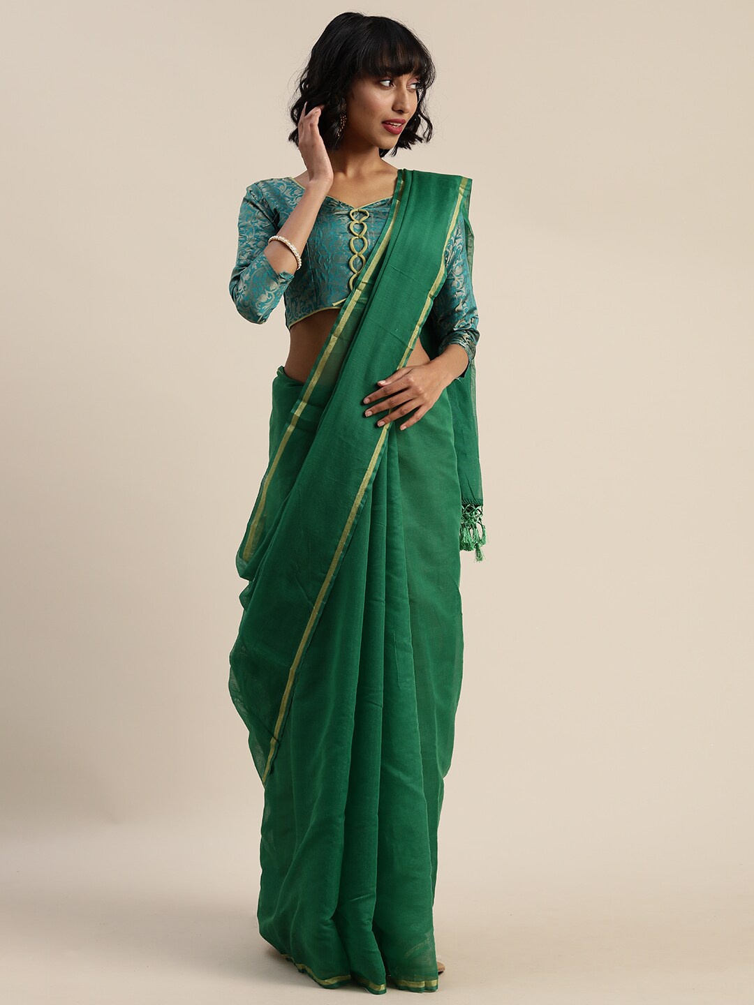 

KALINI Olive Green & Gold Zari Silk Cotton Saree