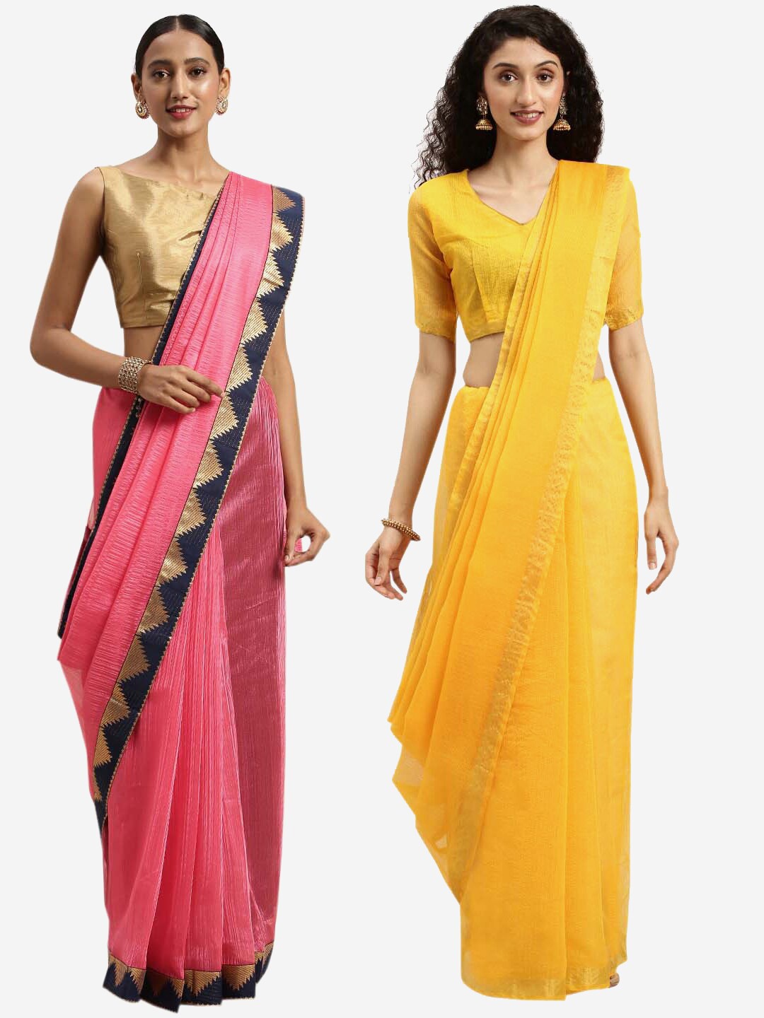 

KALINI Peach-Coloured & Yellow Pack of 2 Zari Art Silk Saree