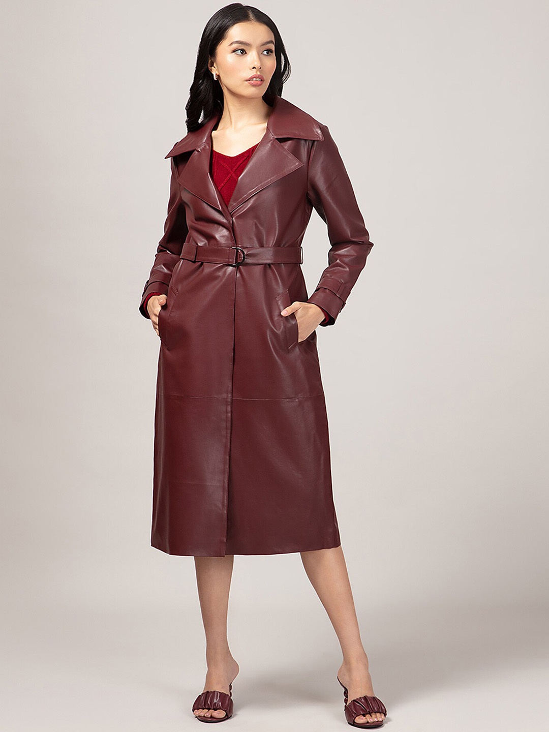 

20Dresses Women Maroon Solid Faux Leather Overcoats