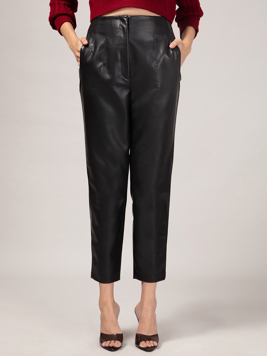 

20Dresses Women Black Comfort Straight Fit High-Rise Pleated Trousers