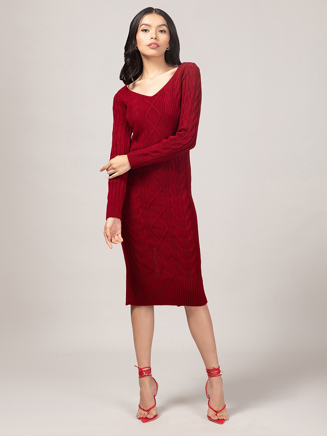 

20Dresses Maroon V Neck Bodycon Midi Sweater Dress