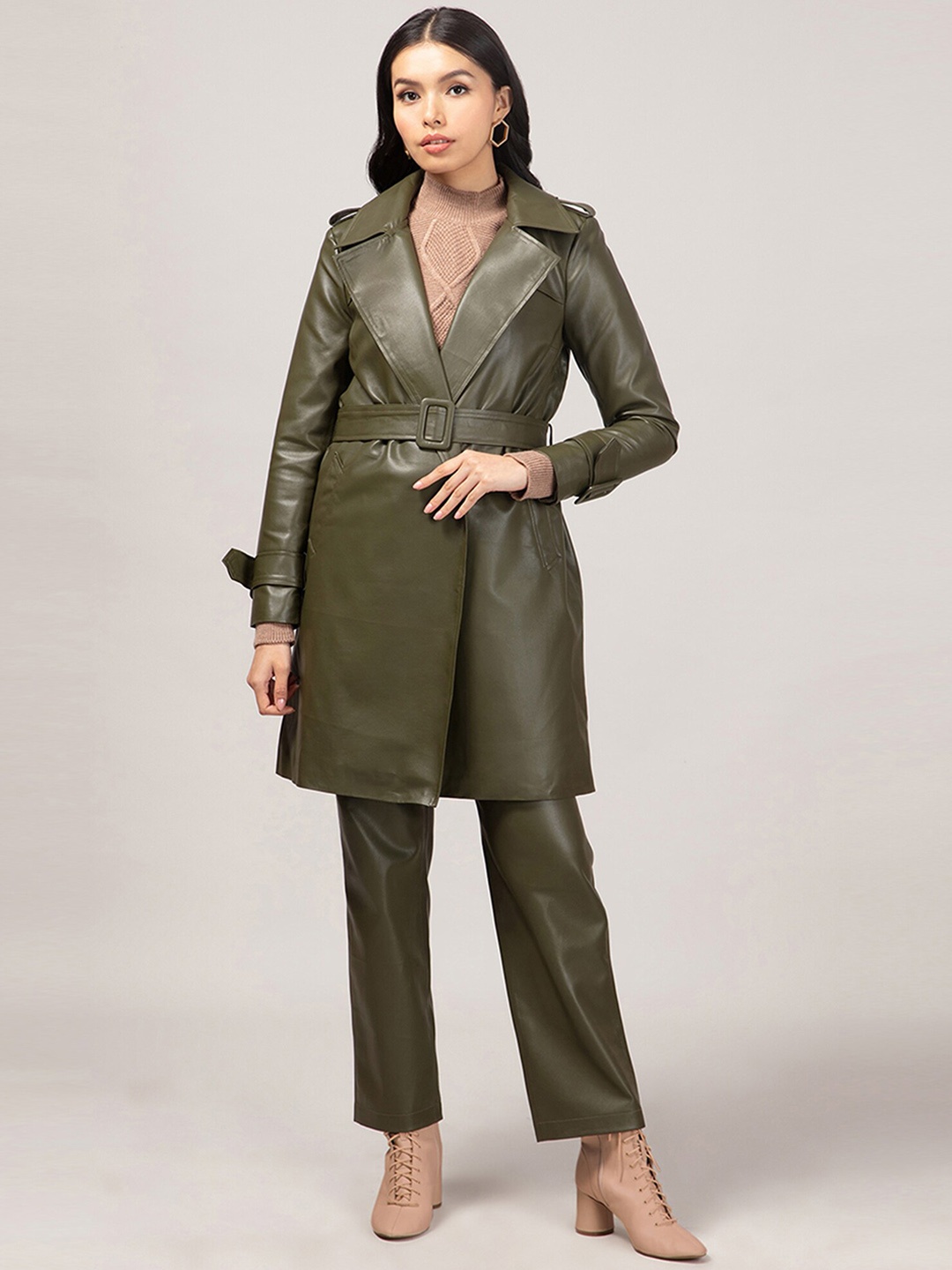 

20Dresses Women Olive Green Solid Knee-Length Overcoats