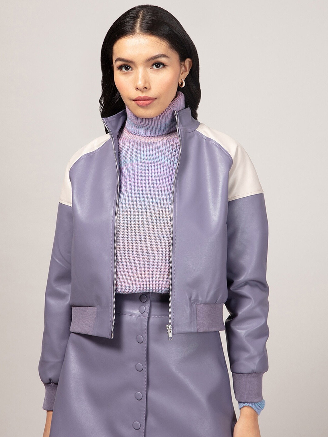 

20Dresses Women Lavender Off White Colourblocked Crop Leather Jacket