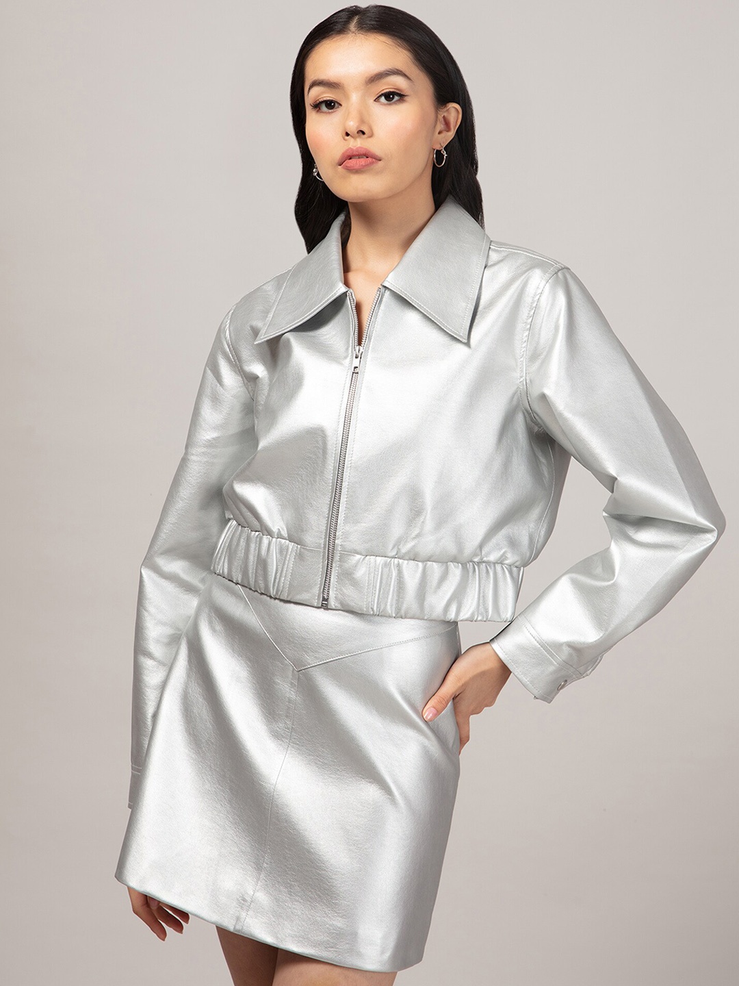 

20Dresses Women Silver-Toned Crop Bomber Jacket