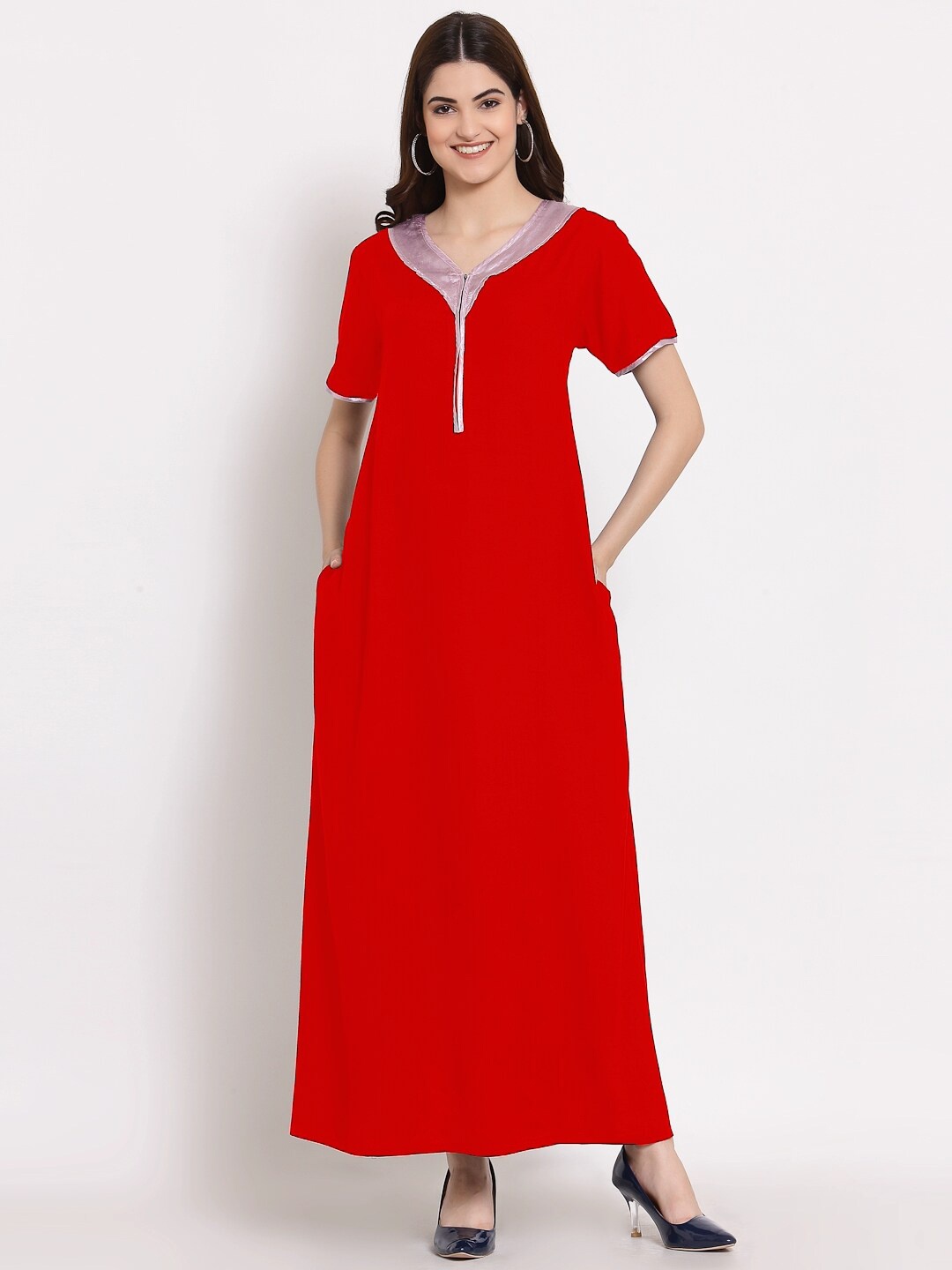 

PATRORNA Red Solid Maxi Nightdress