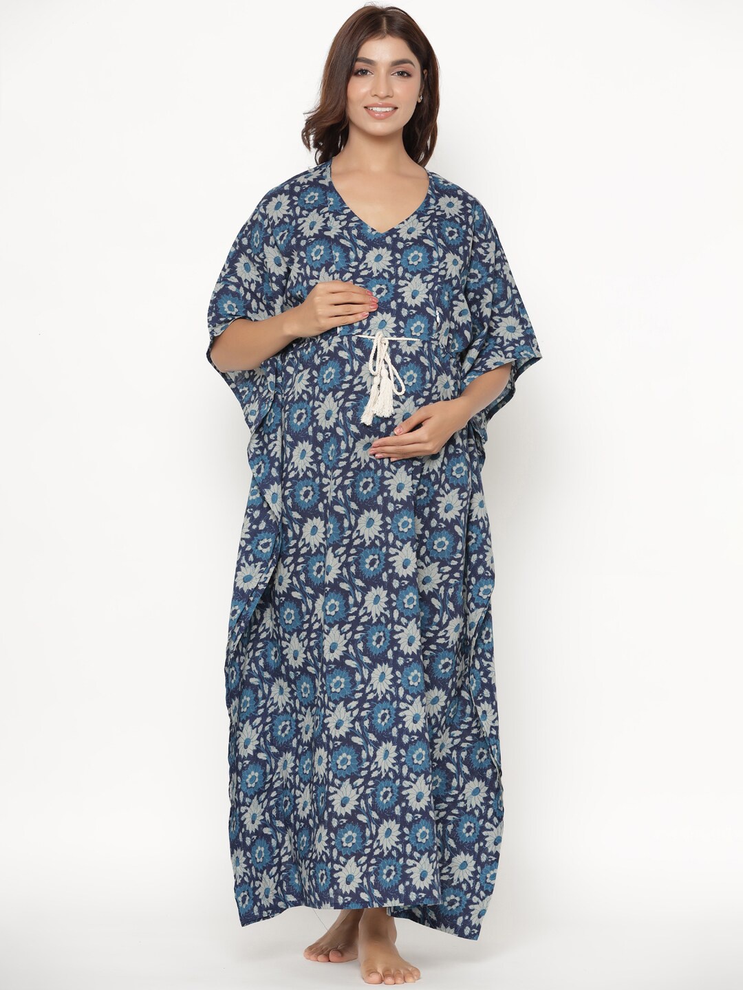 

CRAFIQA Women Blue Printed Pure Cotton Maternity & Nursing Kaftan Maxi Nightdress