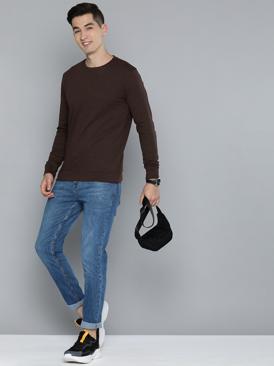 

HERE&NOW Men Solid Cotton Sweatshirt, Coffee brown