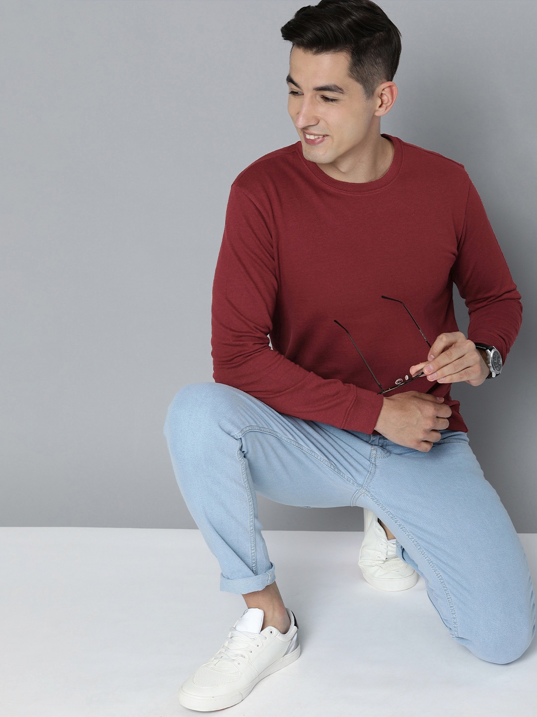 

HERE&NOW Men Solid Cotton Sweatshirt, Burgundy