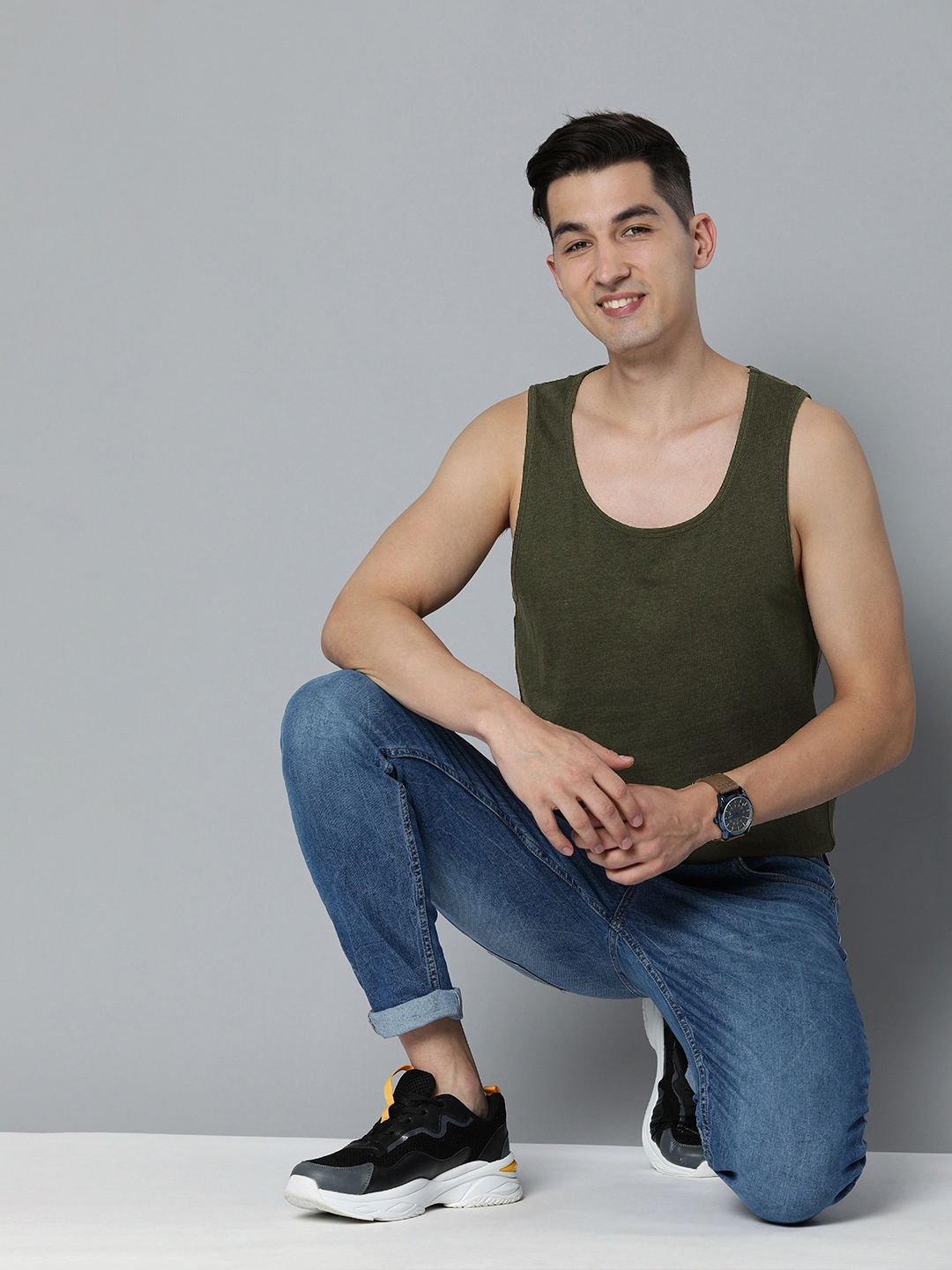 

HERE&NOW Men Solid Pure Cotton T-shirt, Olive
