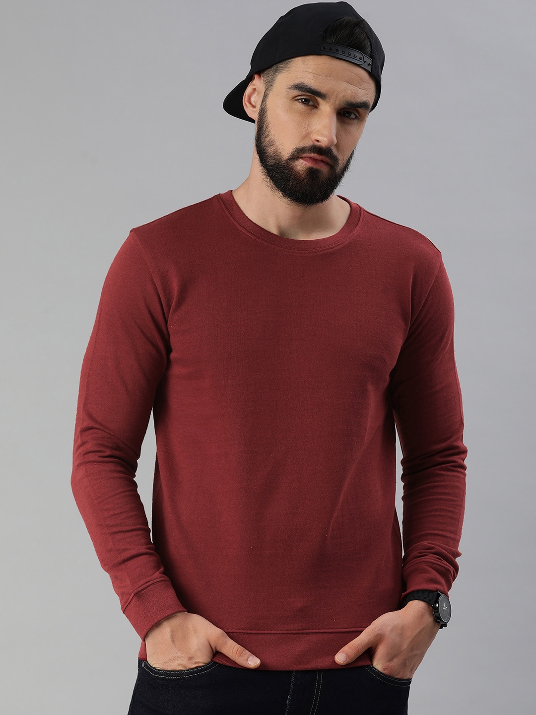 

Huetrap Men Solid Sweatshirt, Maroon