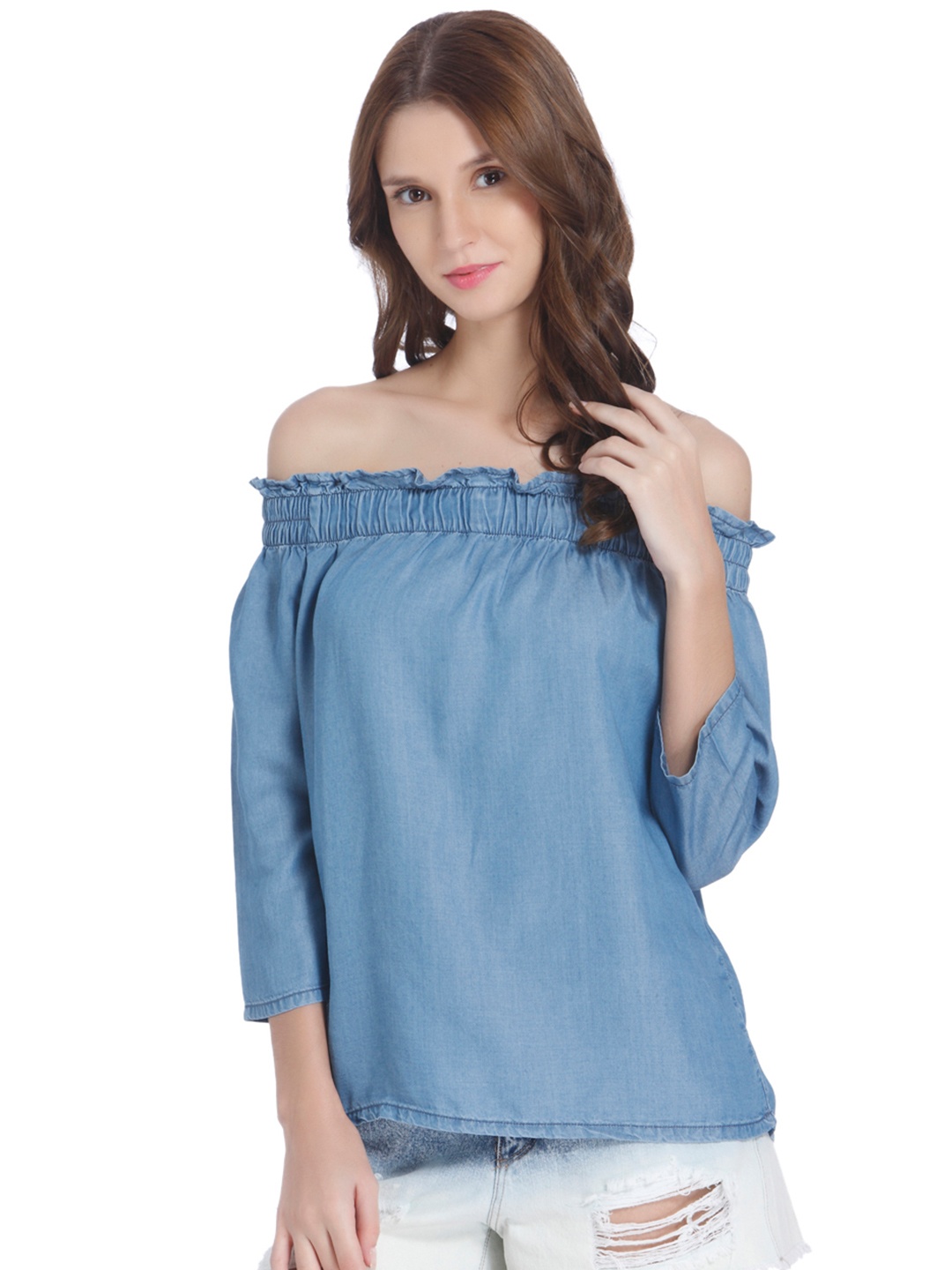 

ONLY Women Blue Solid Chambray Bardot Top