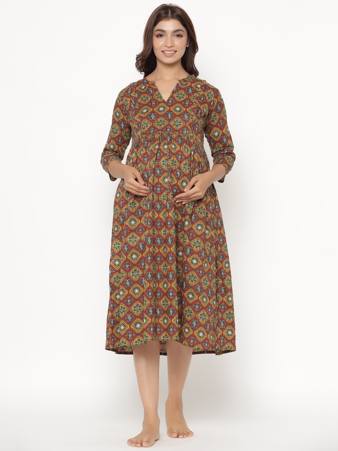 

CRAFIQA Mustard Yellow & Grey Printed Maternity & Nursing Cotton A-Line Midi Dress