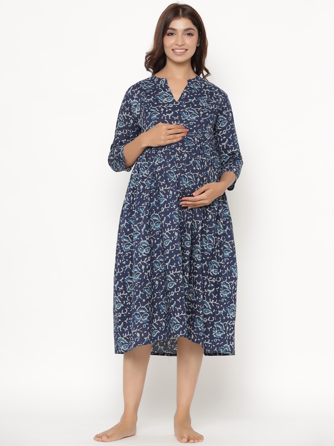 

CRAFIQA Blue Ethnic Motifs Printed Maternity & Nursing Cotton A-Line Midi Dress