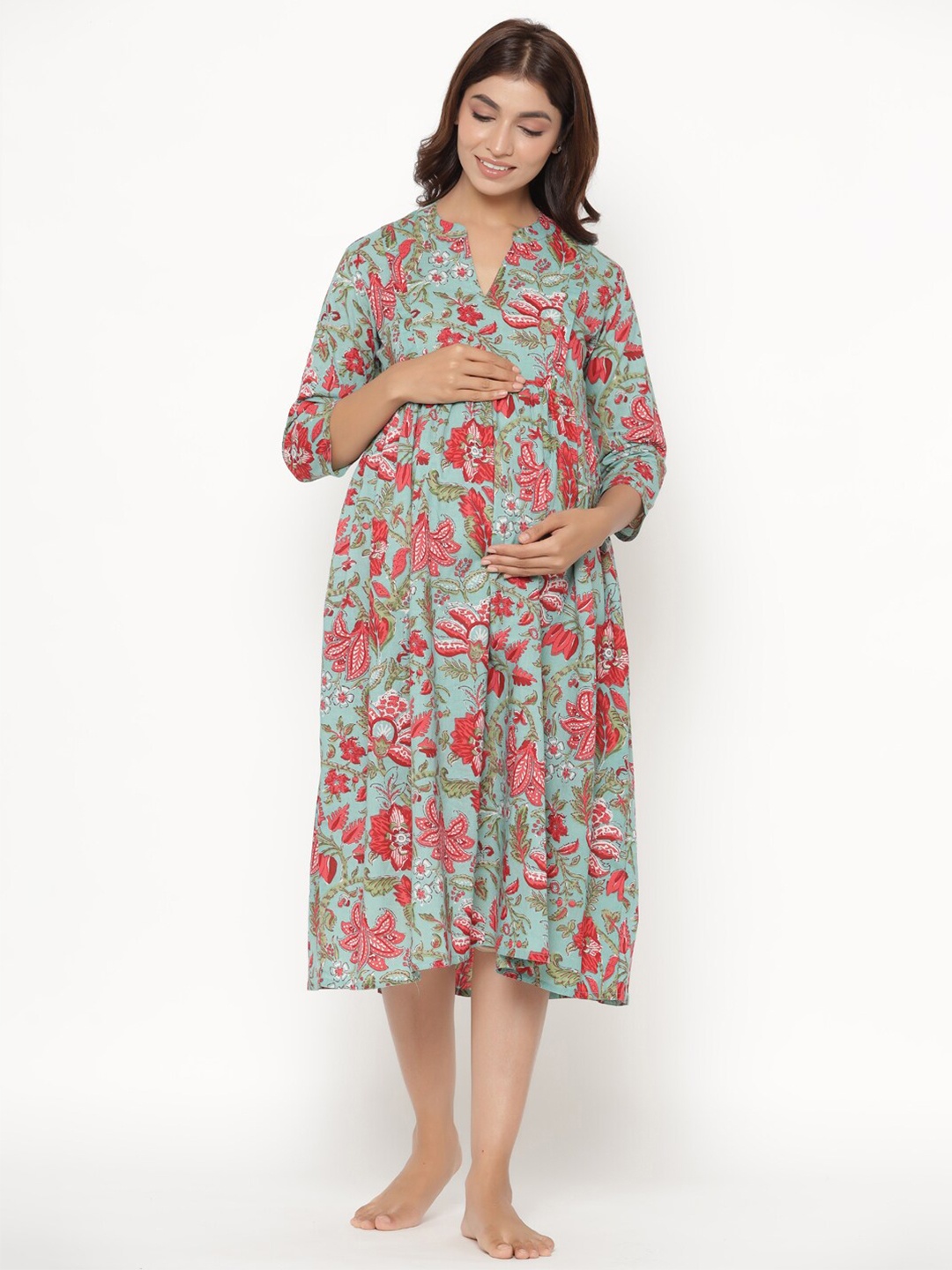 

CRAFIQA Turquoise Blue Floral Printed Maternity & Nursing Cotton A-Line Midi Dress