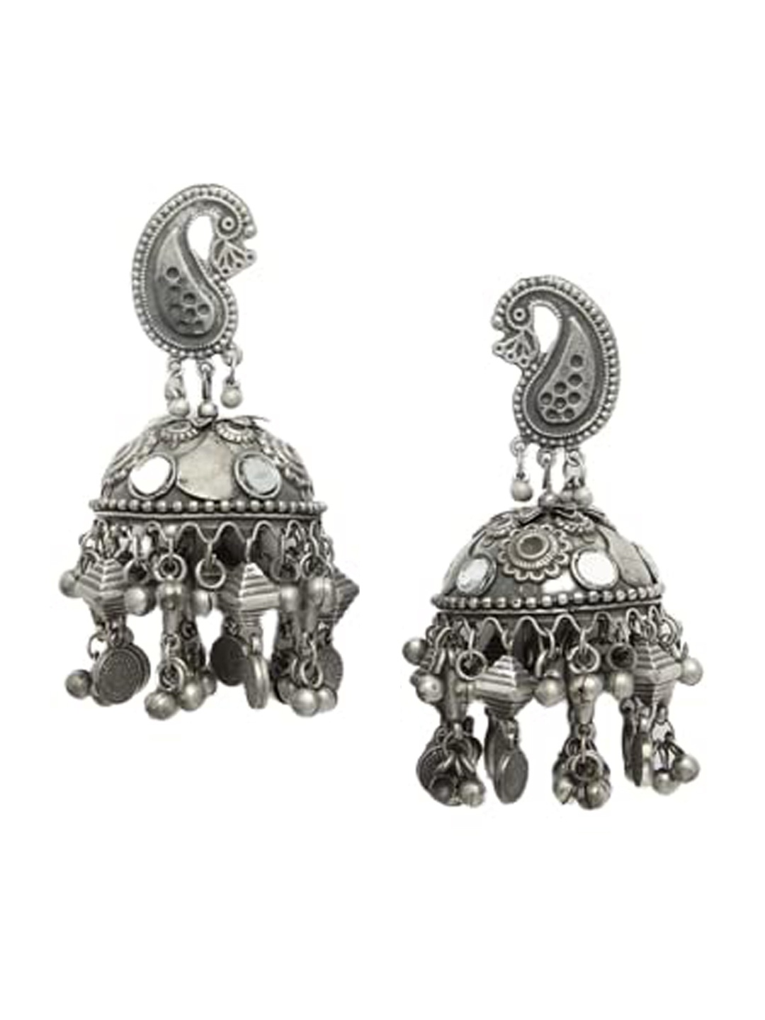 

Krelin Women Silver-Toned Oxidised Metal Mirror Jhumkas Earrings