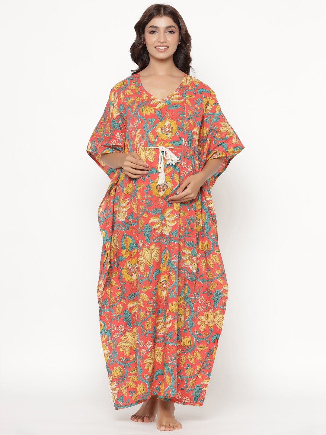 

Ikk Kudi by Seerat Printed Pure Cotton Maternity & Nursing Kaftan Maxi Nightdress, Peach