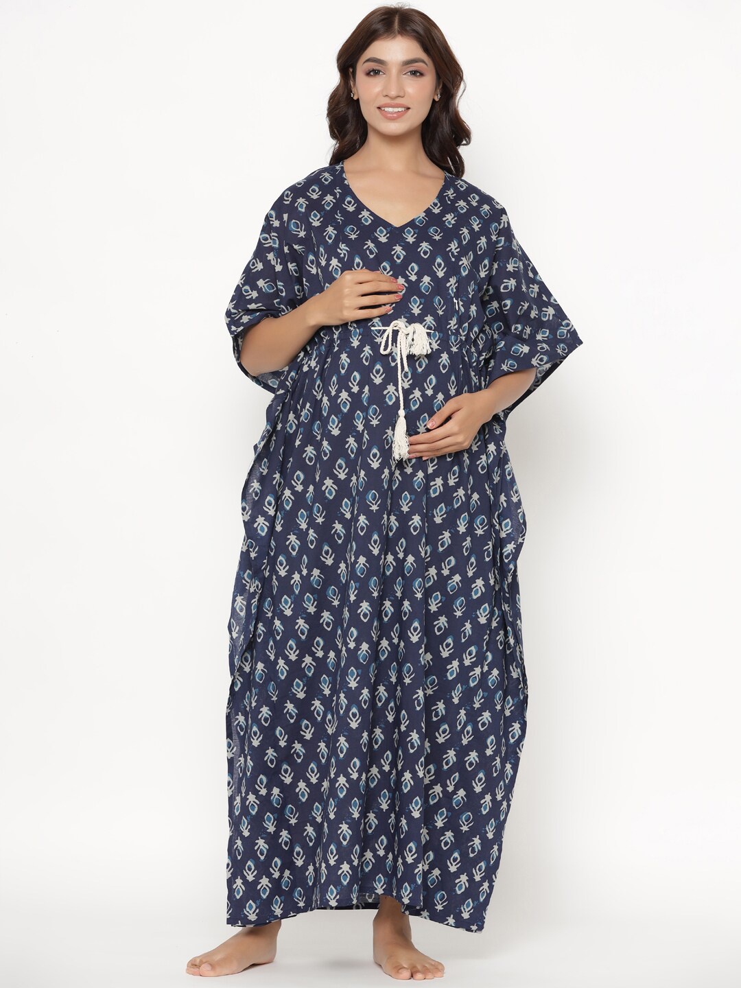 

Ikk Kudi by Seerat Blue Printed Pure Cotton Maternity & Nursing Kaftan Maxi Nightdress