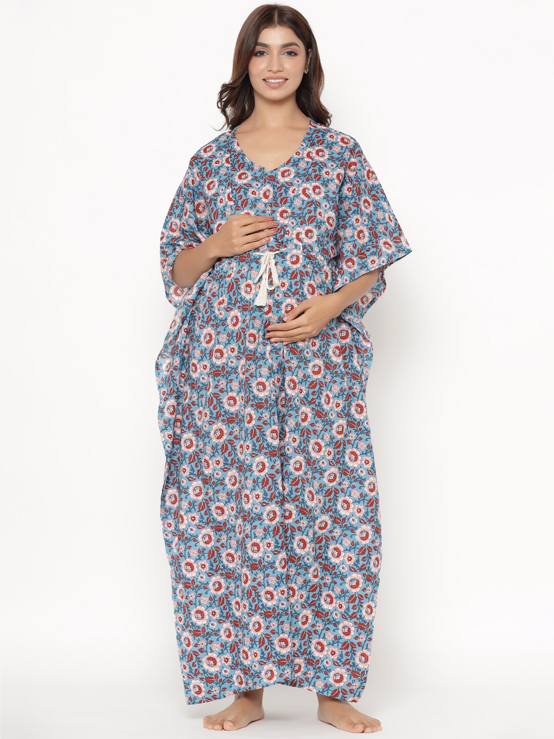 

Ikk Kudi by Seerat Blue Printed Pure Cotton Maternity & Nursing Kaftan Maxi Nightdress