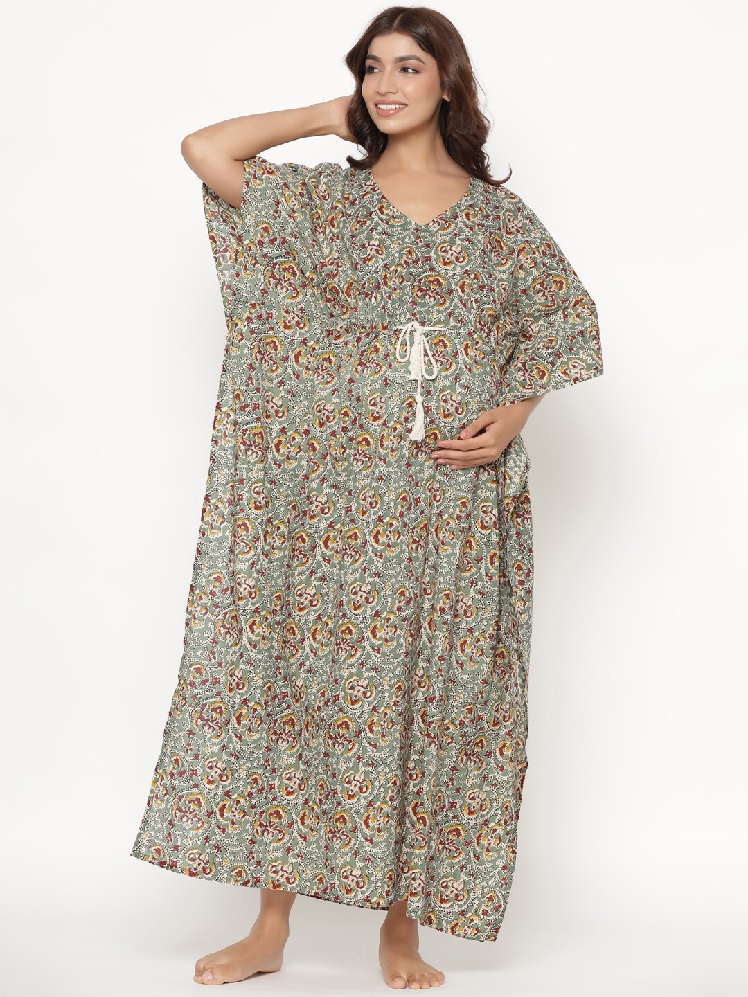 

Ikk Kudi by Seerat Green Printed Pure Cotton Maternity & Nursing Kaftan Maxi Nightdress